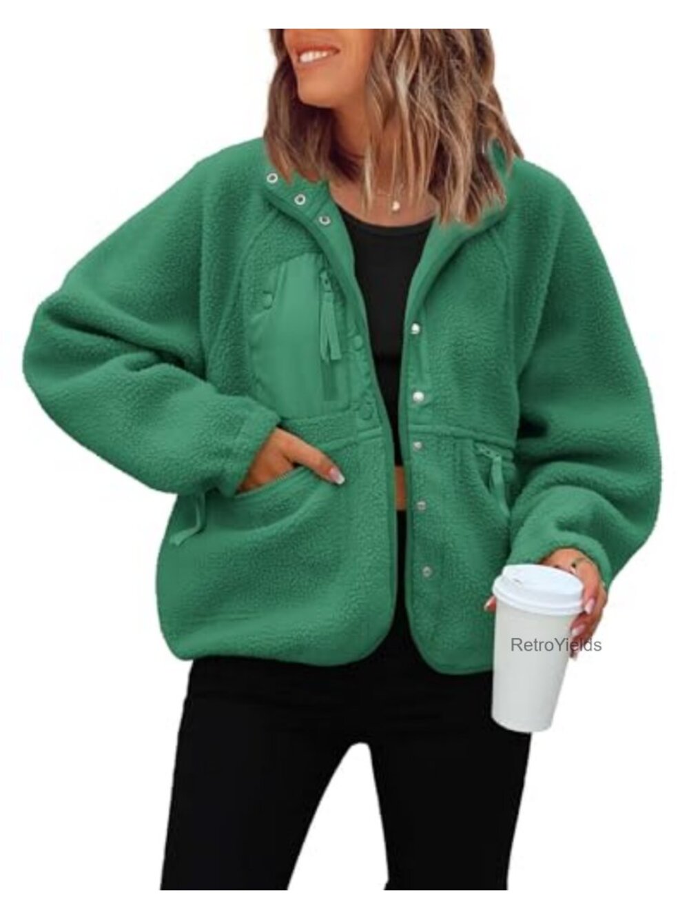Cropped Fuzzy Fleece Button Down Jacket Sherpa Zip Pockets